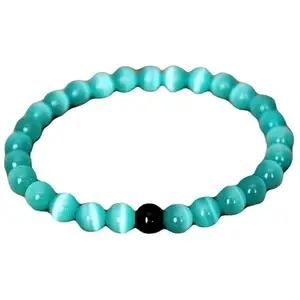 RRJEWELZ 8mm Natural Gemstone Blue Cats Eye with Black Onyx Round shape Smooth cut beads 7 inch stretchable bracelet for women. | STBR_RR_W_02038