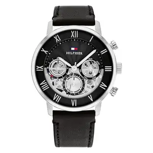 Tommy Hilfiger Multifunction Black Dial Leather Strap Watch for Men