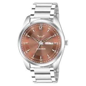 LOUIS DEVIN Stainless Steel Chain Analog Wrist Watch for Men with Day and Date Display (Black/Blue/Brown/Silver Dial) | LD-GR405-CH