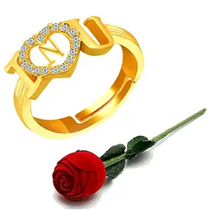 MEENAZ Rings for girls women girlfriend Men Boys ladies gf bf couple I Love you Heart Name Alphabet Letter N Initial american diamond Adjustable Valentine gift Stylish ad Stone Gold Ring Red Box-517