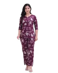 Women's Pure Cotton Printed Night Suit Top and Pyjama Co-ord Sets Maroon