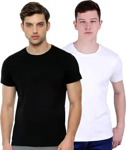 Men's Cotton Solid Round Neck Half Sleeve Shirt (25-Plain-Black-White_L)