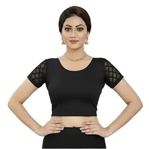 TRUNESS Round Neck Cotton Lycra Stretchable Half Net Sleeve Readymade Saree Blouse for Women and Girls, Size (26 to 44)