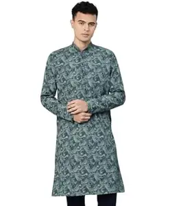 Majestic Man Men’s Regular Fit Ethnic Motifs Printed Pure Cotton Long Kurta with Mandarin Collar & Full Sleeves
