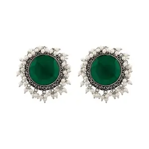 Efulgenz Oxidized Round Big Stud Crystal Green Earrings Set for Women