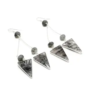 925 Sterling Silver Black Rutile Quartz Earrings | Handmade Jewelry | Black Rutile Gemstone | Occasion Gifts | Silver Earring | Chandelier Earrings