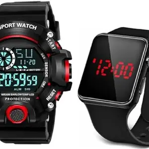 LAVISHABLE Square LED Shockproof Multi-Functional Automatic Red Color Black Strap Waterproof Sports Watch for Men's Kids Watch Pack of 2(85 red 42 bk_bzr)