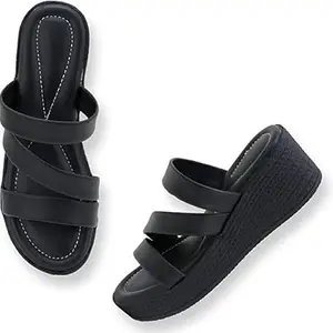 AASHEEZ Trendy Black Slip-On Wedges sandal for women & Girls