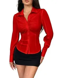 MULVARI Solid Front Stylish Gathered Detail Full Sleeves Casual Shirt for Women' & Girl's