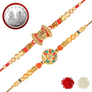 De Marquis 2 Designer Rakhi + 1 Pooja Coin Gift Set for Brother, Mauli Thread Rakhis, Chawal Roli Pack, Greeting Card Set (2 Multicolor RAKHI set in different design with Roli and chawal)