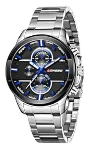 LONGBO Silver Business Casual Stainless Steel Decorative Subdials Luminous Hands Big Black Dial Scratch Resistant Waterproof Analogue Watch for Men and Boys