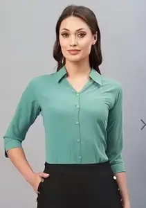 Women Formal Cotton Blend Poplin Shirt | Slim Fit Solid Plain 3/4 Sleeve