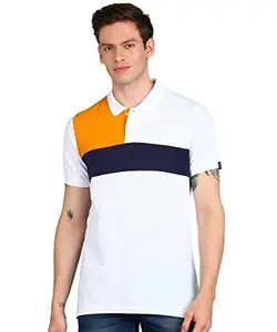 Urbano Fashion Men's White, Navy Blue, Gold Colour-Block Slim Fit Half Sleeve Cotton Polo T-Shirt (polocb-021-whinavgol-xl)