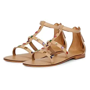 SaintG Womens Multi Stones Studded Natural Leather Sandals (Natural, 5)