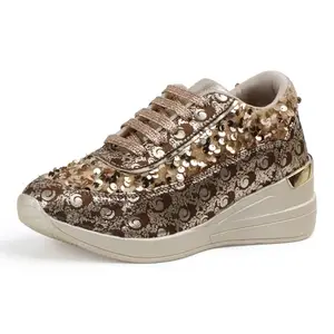 Vendoz Women Wedding & Party High Heel Sneakers I Cushioned Insole I Glittery & Embellished Bridal Wear I Lightweight and Stylish Shoes for Girls CNV7054GL-36 Gold