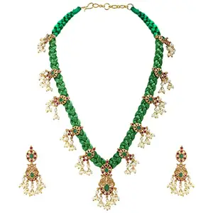 Peora Matte Gold Finish Beautiful Green Thread Design Necklace Earring Jewellery Set for Women & Girls