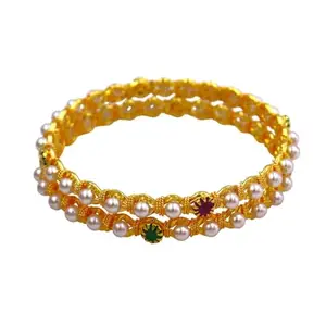 AHR FASHION Traditional Gold-Plated Bangles Set with Pearls & Multicolor Gemstones Jewelry (Set of 2) (2.8)