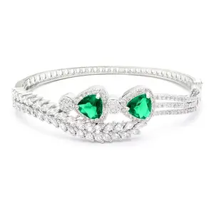 ZENEME Rhodium-Plated American Diamond Studded Teardrop & Leaf Shaped Kada Bracelet For Girls and Women (Green)