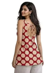Aahwan Printed Back Deep Round Neck Sleeveless Short Tunic Top & Kurti for Women's & Girl's