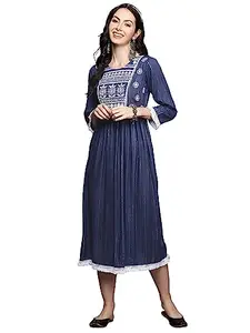 INDO ERA A-Line Viscose Rayon Embroidered Dresses for Women (Blue_23APR045_X-Small)