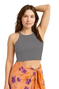 Readymade Fitted Saree Blouse for Women Sleeveless Square Round U Neck Regular fit Stretchable Pullon Ribbed Tank Crop Top NG35 1002 S DGY Dark Grey