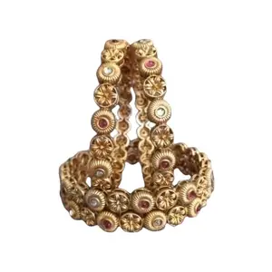 SHUBH JEWELLERS Rajwadi Gold Plated Traditional Brass Kada Bangle Set of 2 Glided With Kundan & Ruby Stone For Women And Girls (2.2)