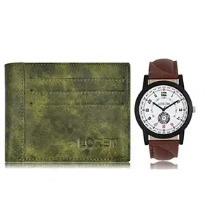 LOREM Combo of Tan Wrist Watch & Green Color Artificial Leather Wallet (Fz-Wl17-Lr11)