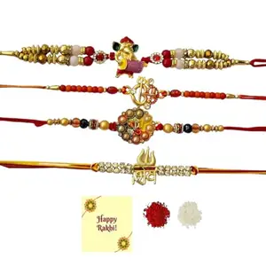 DMS RETAIL Combo Of 4 Ganesha Mahadev Shiv rakhi for Brother Bhaiya Boy Men, Raksha Bandhan rakhis Greetings card Roli Chawal