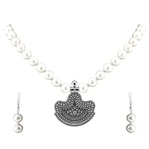 NM Creation Amazing Oxidised Pendant White Pearl Mala Set Jewellery set for Women