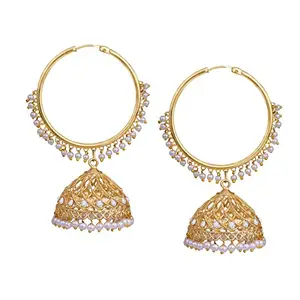 JFL - Jewellery for Less Latest Traditional Gold Plated White Stone with White pearls Designer Jhumka Bali Hoop Earring for Women and Girls.,Valentine