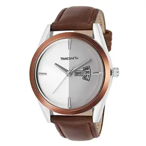 Timesmith White Dial Brown Leather Strap Day Date Analog Analog Watches for Men Latest Stylish TSC-015heli5