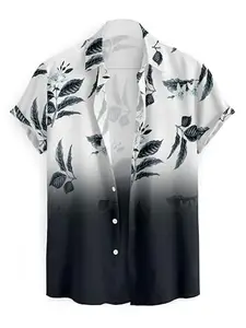 Men's Floral Print Hawaiian Shirt, Short Sleeve Button Down, Black and White Ombre (in, Alpha, S, Regular, Black)