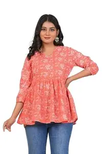 Rayon Fabric Short Kurti for Girls Floral Printed Casual Ethnic Top Stylish V-Neck Short Peach Kurta