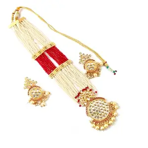 Traditional Indian Kundan Necklace Set with Pearl Accents, Red & White Beads, 50 cm
