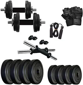 StarX Star X 16KG Home Gym Exercise Set of PVC Plates with 1 Pair Dumbbell Rods & Gym Gloves & Skipping Rope