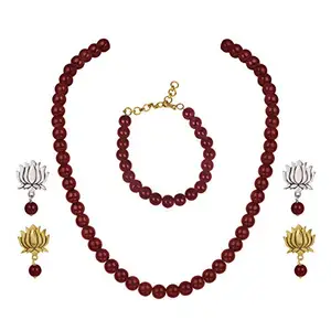 JFL - Jewellery for Less Combo of Necklace, Bracelet and 2 pairs of Earrings for Women and Girls (Maroon),Valentine