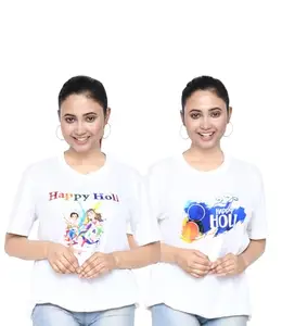SWAGATA Enterprise Regular Fit Graphic Printed Air Jet Half Sleeve Holi T-Shirt for Women |Casual,Stylish Round Neck Holi T-Shirt| Pack of 2 -White/Multi 19_XL