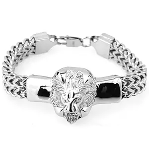 THE MEN THING DOUBLE FRANCO LION - Heavy 12mm Pure Stainless Steel Chain with Alloy Lion Head Bracelet for Men & Boys (10 inch)