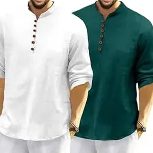 FINIVO FASHION Combo of Men’s Casual Full Sleeve Kurta Style Shirt with Button Placket, Lightweight Breathable Fabric, Regular Fit Ethnic Fusion Wear for Daily & Festive Use Pack of 2