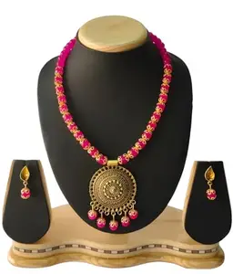Pink Lariya Necklace Jewellery Set With 0xidized Pendent For Women and Girls