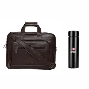 Swiss Military Dark Brown Softsided Leatherette Laptop Messenger Bag/Briefcase/Sling Bag with Digital Vacuum Flask (PLB2+SMF5)