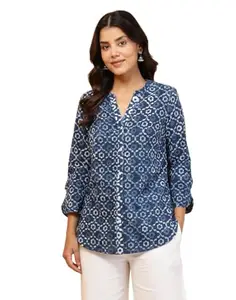 Fabindia Indigo Cotton Dabu Printed Shirt