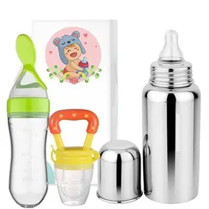 KINDAR CARE Silicone Baby Spoon Feeder Feeding Bottle (90ml, Ideal for 4 Months+ Babies) | Stainless Steel Milk Bottle (250 ML) & Food/Fruit Feeder/Nibbler (Set of 3 Items),KINCARE02