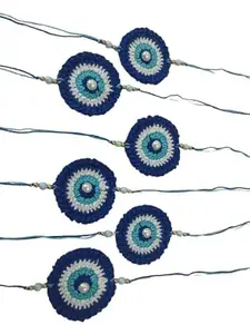Handmade Crochet Evil Eye Rakhi with Pearl and Beads, Blue and Turquoise (PACK OF 6)