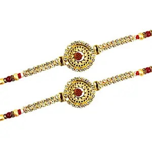 Urvi Creations Set Of 2 Golden Stone Work Rakhi Set For Brother Bhaiya Bhai Rakhi Wristband Bracelet Rakhi For Brother