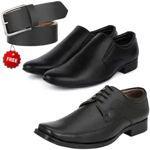 Relaxed Trendy Formal Shoes/Party Shoes/ 2 Shoes Combo with Free Belt for Men and Boys (BAZAAR7975_VTR-401-Blk) Multicolor