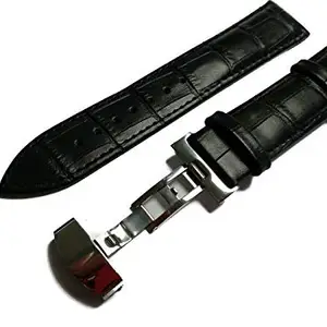 Ewatchaccessories 18mm Genuine Leather Watch Band Strap Fits BM8475-26E, ECO DRIVE BL5250-02L, BM8475-26E Black Deployment Silver Buckle-A2
