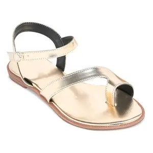 Longwalk Women Flat Golden Sandals, Stylish Adjustable Buckle Lightweight, Slip-On, Non-Slip Sole for Casual, Party & Everyday Wear