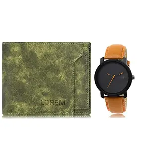 LOREM Combo of Orange Wrist Watch & Green Color Artificial Leather Wallet (Wl16-Lr20-Fz)
