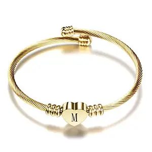 MZC Jewelry Women Girls Initial Letter Cuff Bracelet Love Heart Bracelet Gold Plated Alphabet Name Engraved Bangle Expandable Bracelets for Friends Mom Wife Sister Daughter Birthday, Stainless Steel, stainless-steel